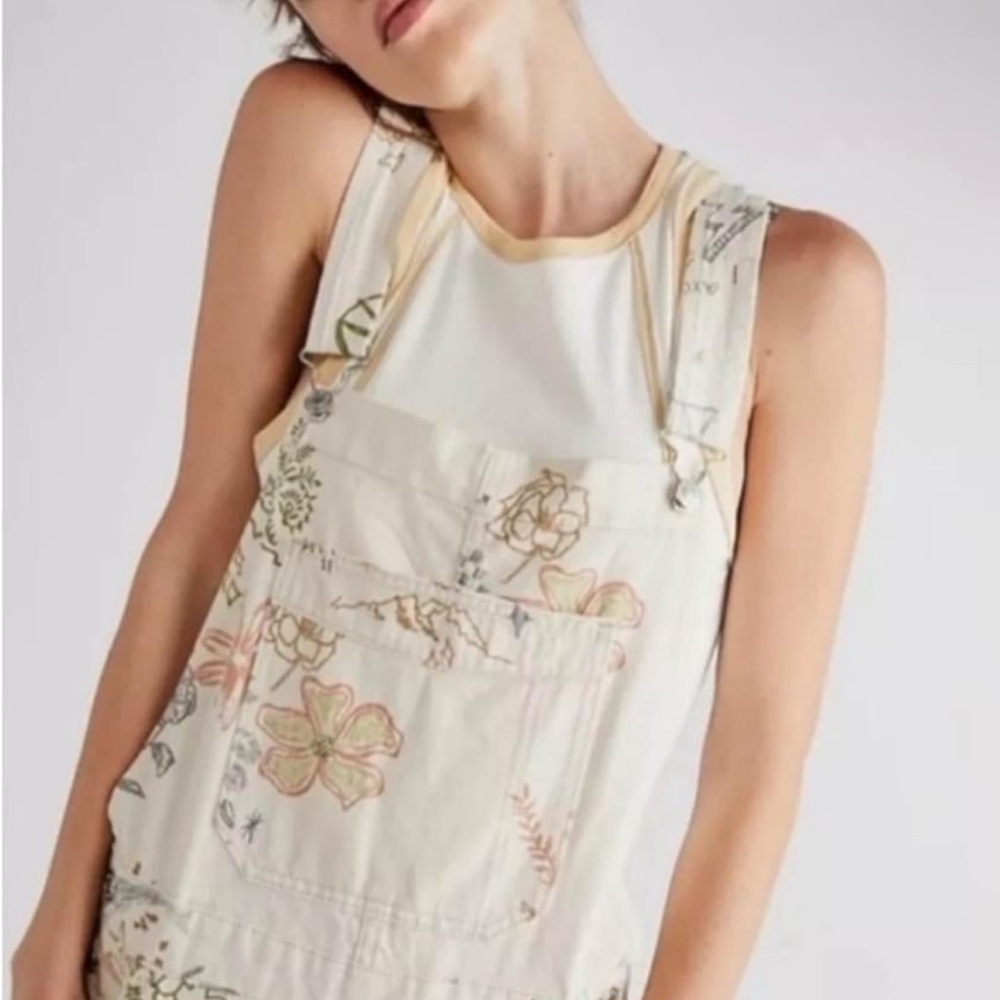 Free People Cream Floral Print Overalls